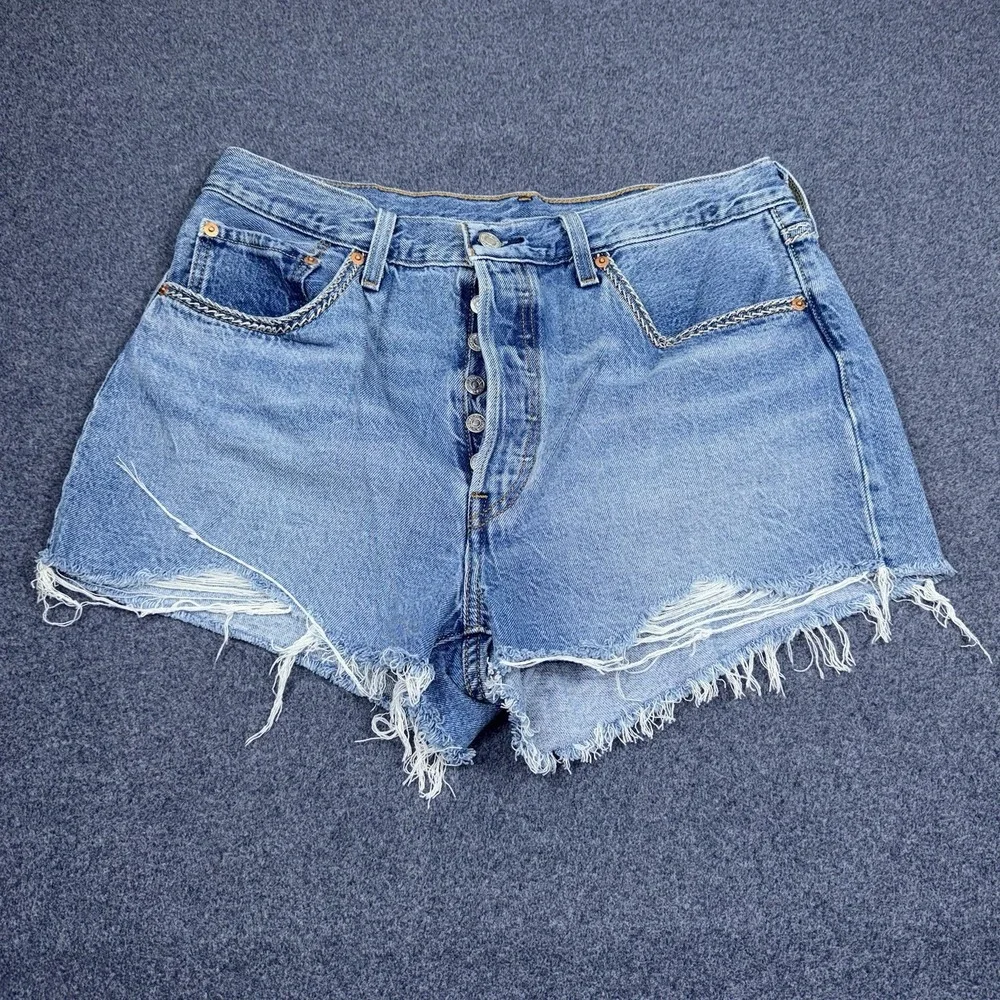 Levis 501 Shorts Womens 32 Blue Denim Distressed Cutoff Button Fly Raw Hem Y2K